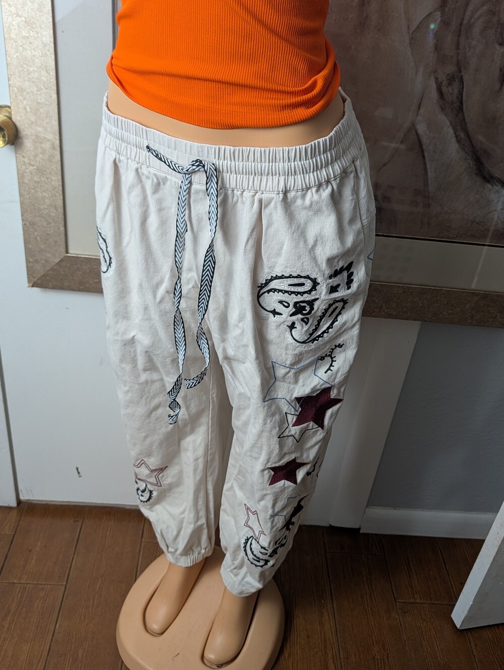 Kedra Boho Embroidered Festival Pants Paisley Bandana Balloon Trousers Size XL